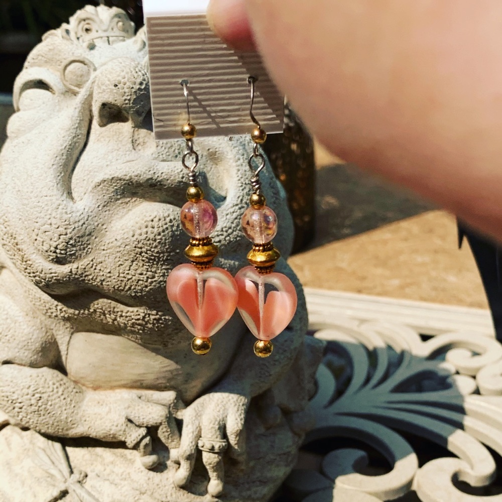 Lovely pink heart and gold earrings